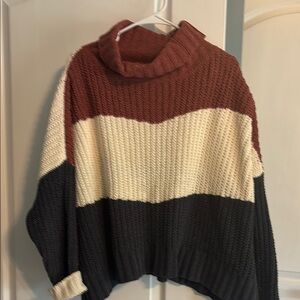 Pink Lily Brown and Cream Cowl Turtleneck Sweater